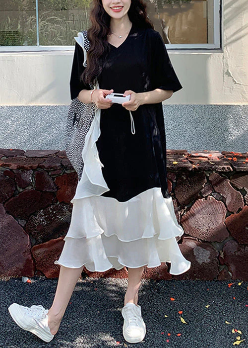 New Black V Neck Ruffled Patchwork Cotton Long Dresses Summer - Image 3