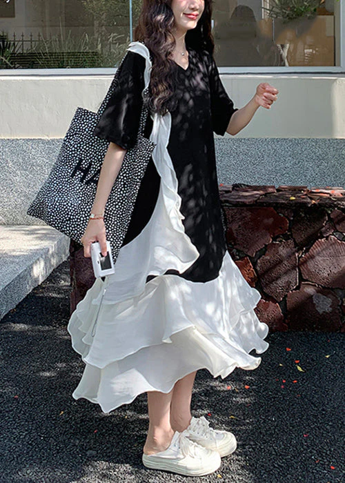 New Black V Neck Ruffled Patchwork Cotton Long Dresses Summer - Image 4