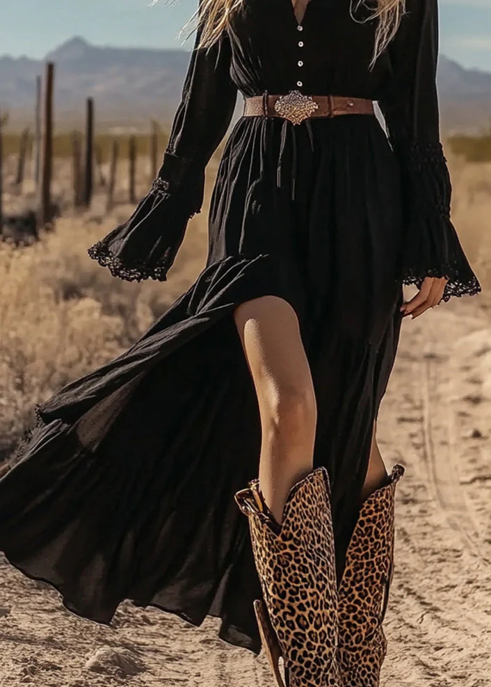 New Black V Neck Wrinkled Patchwork Cotton Long Dresses Spring - Image 3