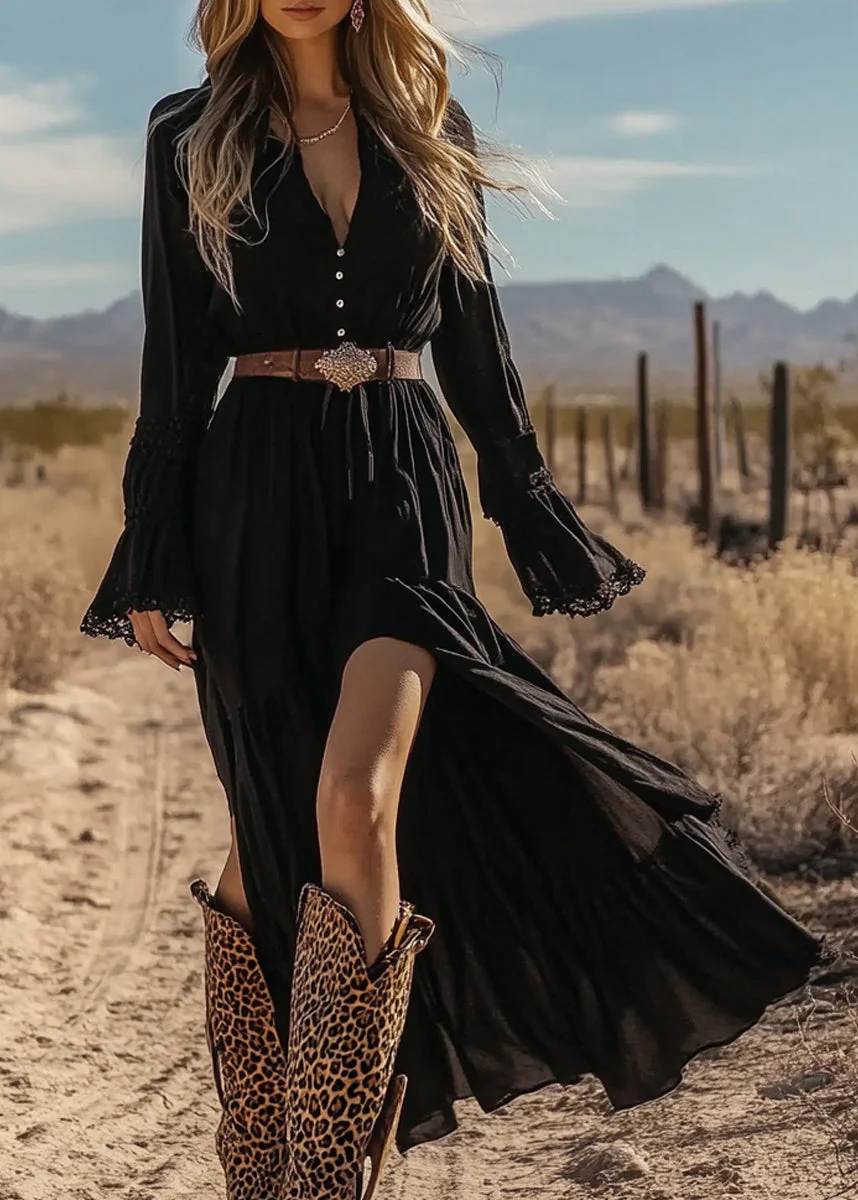 New Black V Neck Wrinkled Patchwork Cotton Long Dresses Spring - Image 4