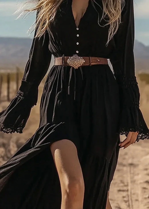 New Black V Neck Wrinkled Patchwork Cotton Long Dresses Spring - Image 5
