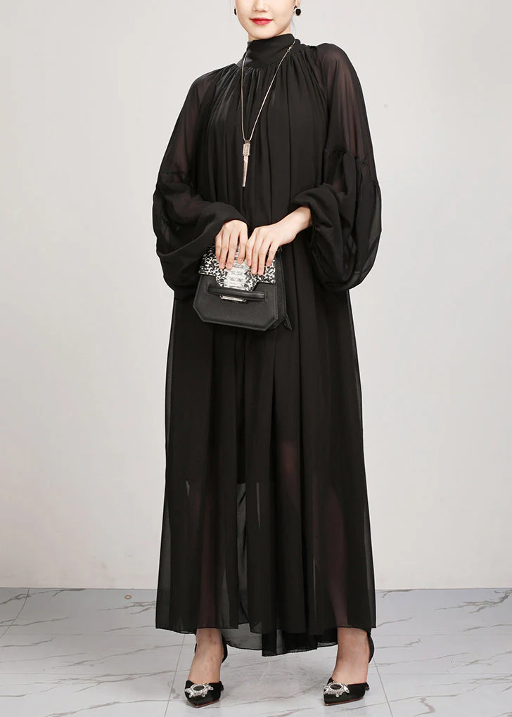 New Black Wrinkled Loose Chiffon Long Dress Fall - Image 3