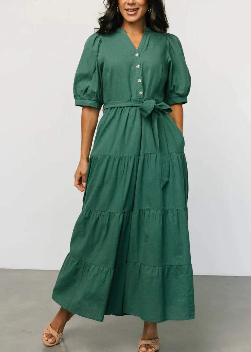 New Blackish Green Tie Waist Solid Cotton Dress Short Sleeve - Image 2