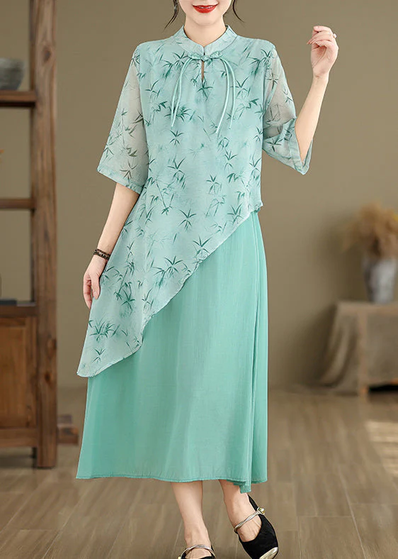 New Blue Asymmetrical Print Cotton Long Dresses Half Sleeve - Image 2