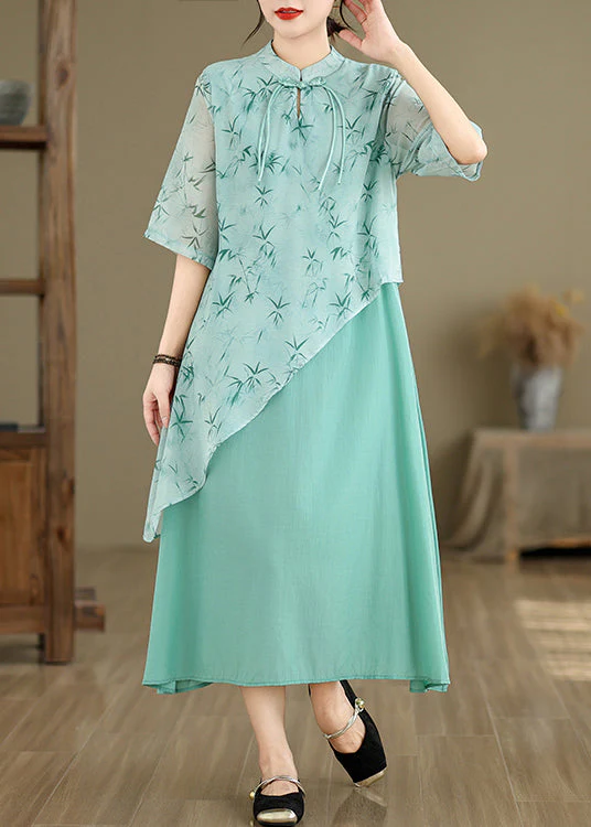 New Blue Asymmetrical Print Cotton Long Dresses Half Sleeve - Image 3