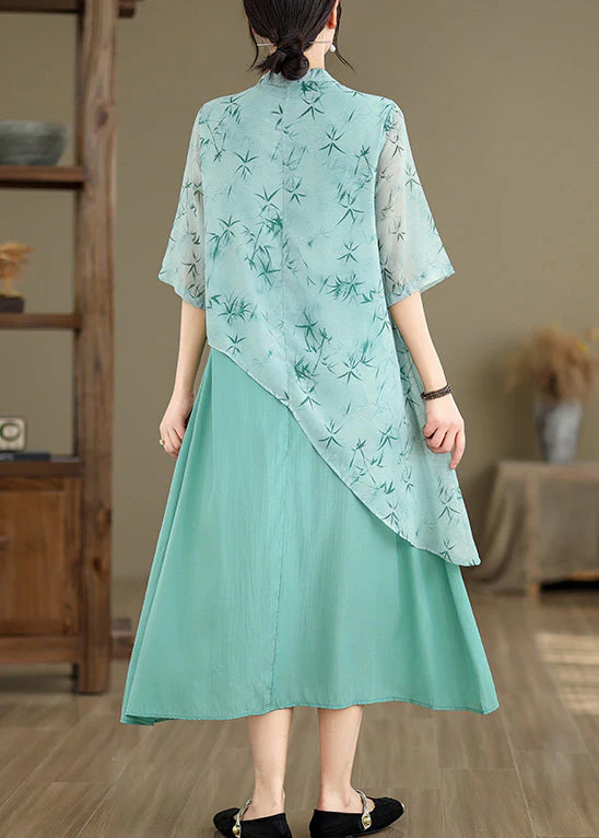 New Blue Asymmetrical Print Cotton Long Dresses Half Sleeve - Image 4