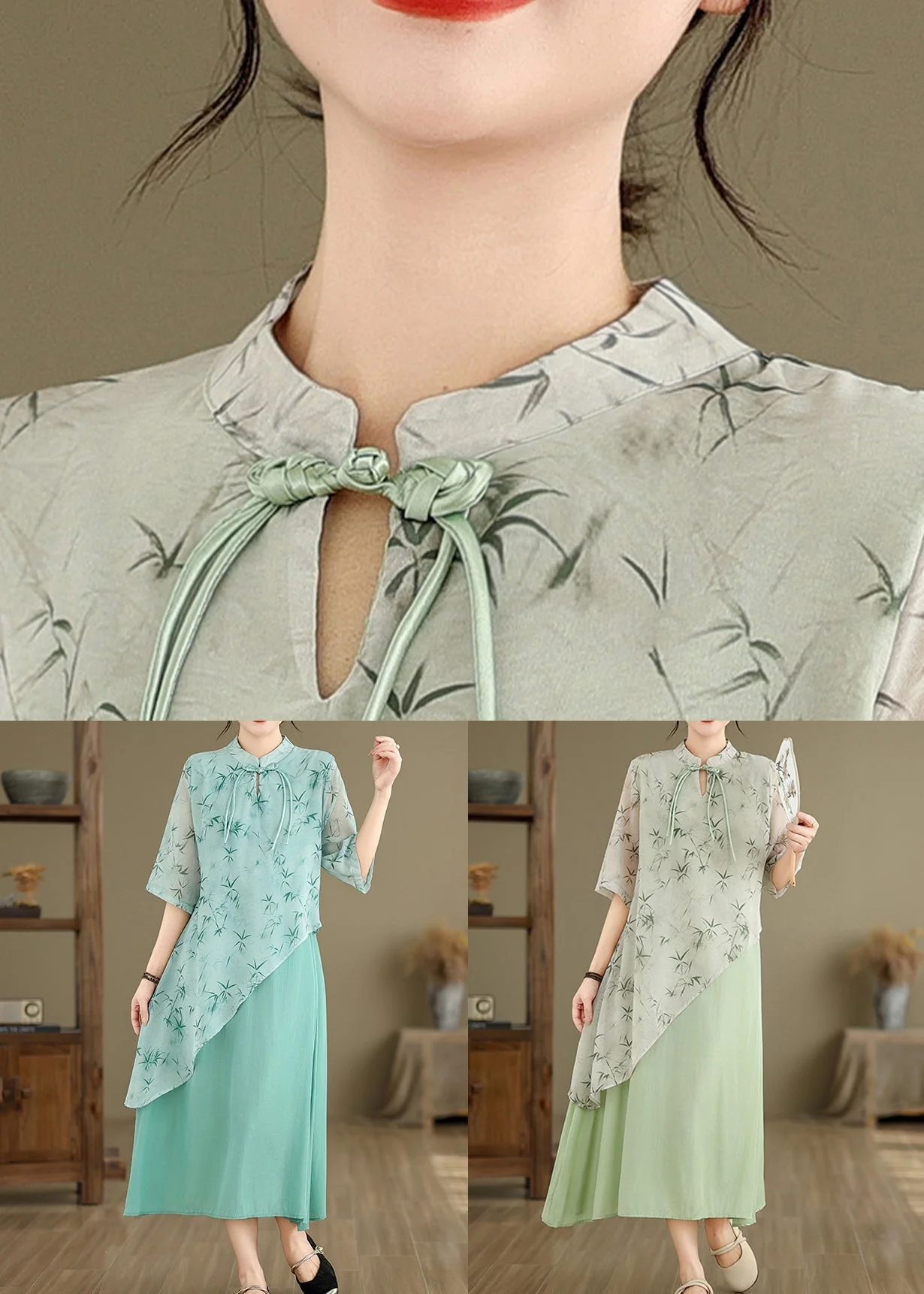 New Blue Asymmetrical Print Cotton Long Dresses Half Sleeve - Image 5