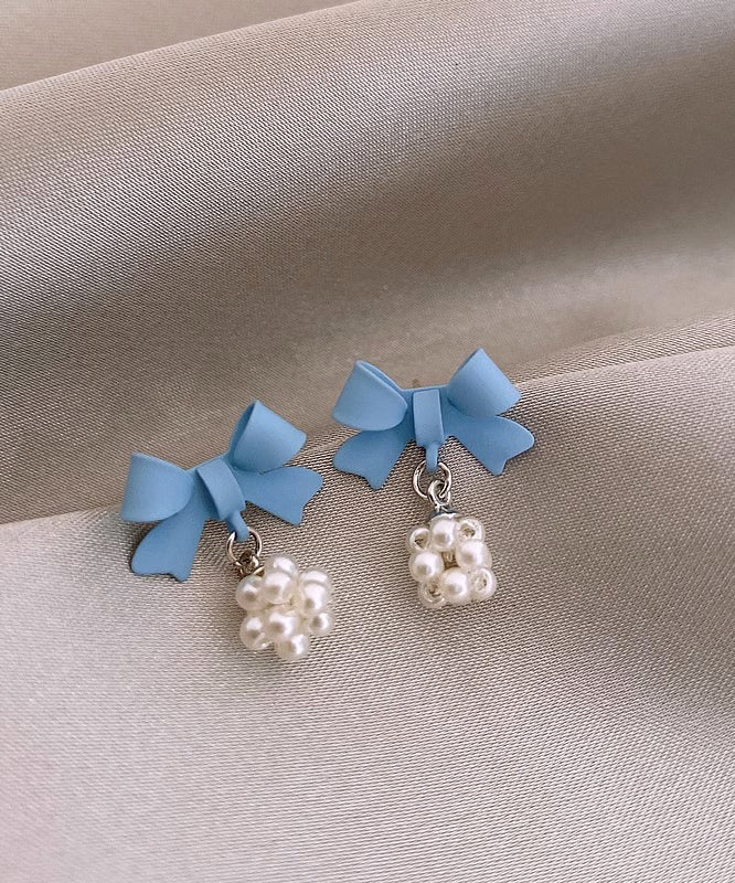 New Blue Baking Paint Bow Pearl Ball Stud Earrings - Image 3