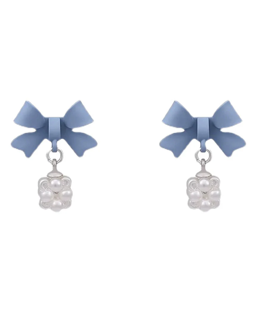 New Blue Baking Paint Bow Pearl Ball Stud Earrings - Image 5