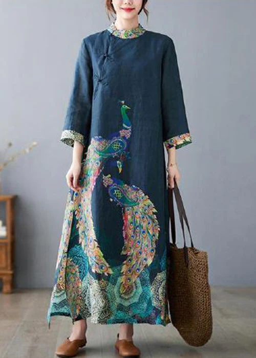 New Blue Button Print Cotton Long Dresses Bracelet Sleeve - Image 2
