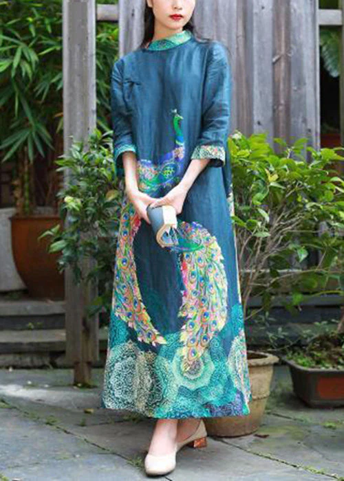 New Blue Button Print Cotton Long Dresses Bracelet Sleeve - Image 3