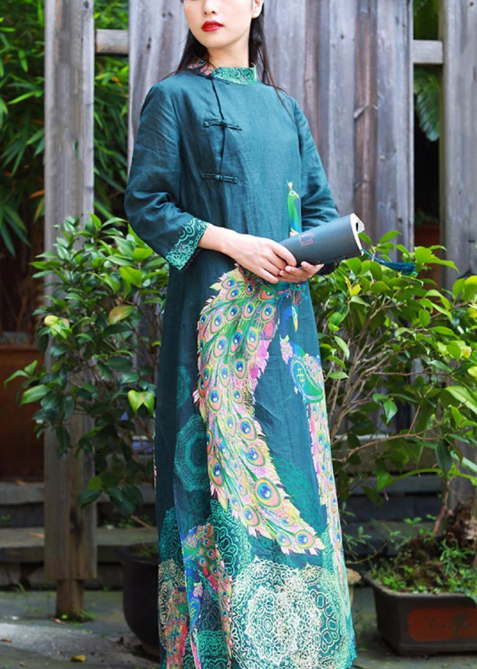 New Blue Button Print Cotton Long Dresses Bracelet Sleeve - Image 4