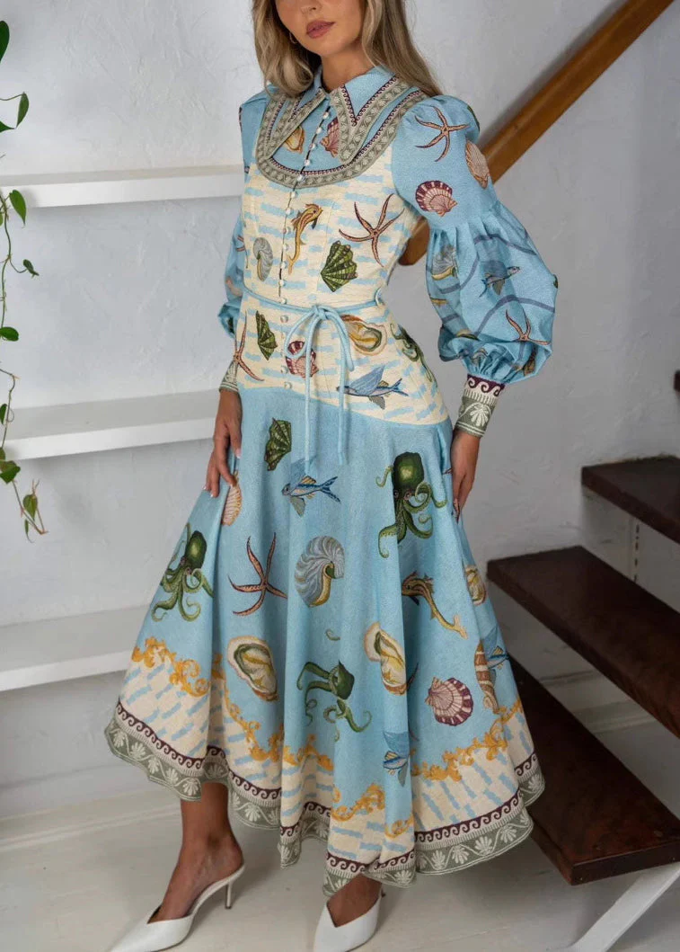 New Blue Button Print Lace Up Cotton Long Dress Spring - Image 2