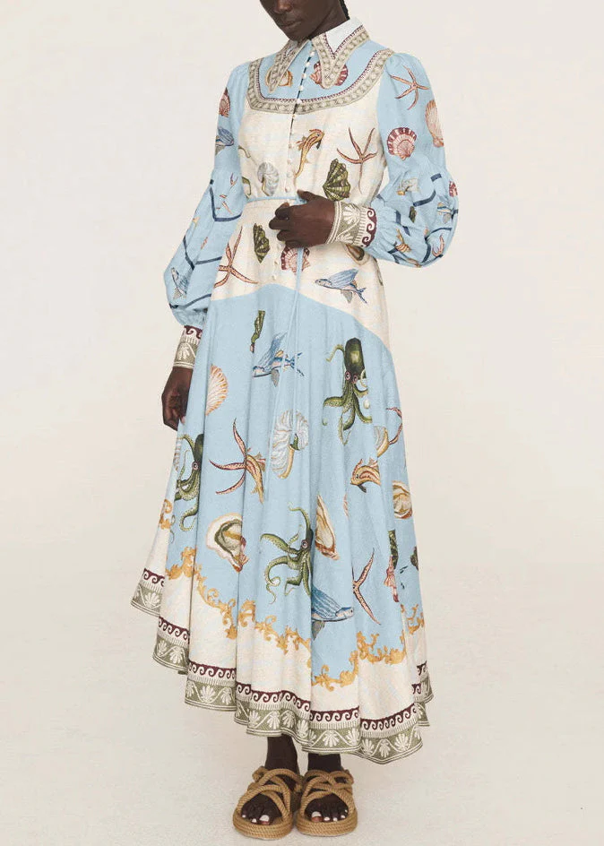 New Blue Button Print Lace Up Cotton Long Dress Spring - Image 3