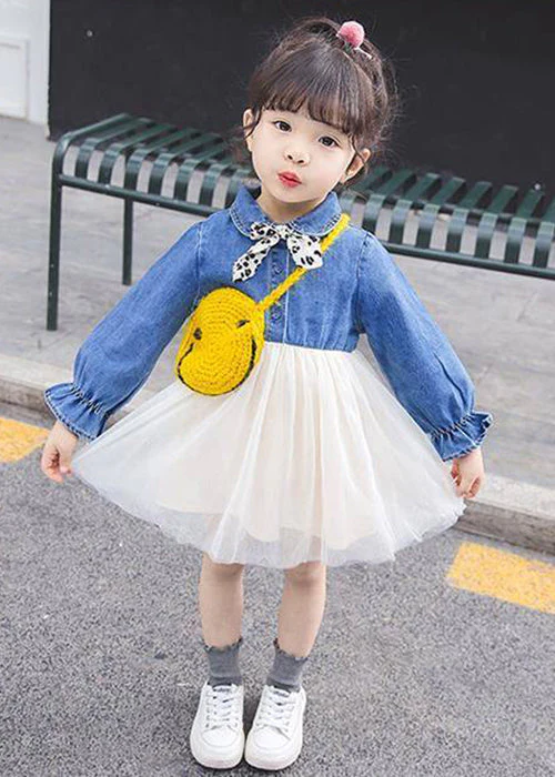 New Blue Button Tulle Patchwork Girls Dress Flare Sleeve - Image 2