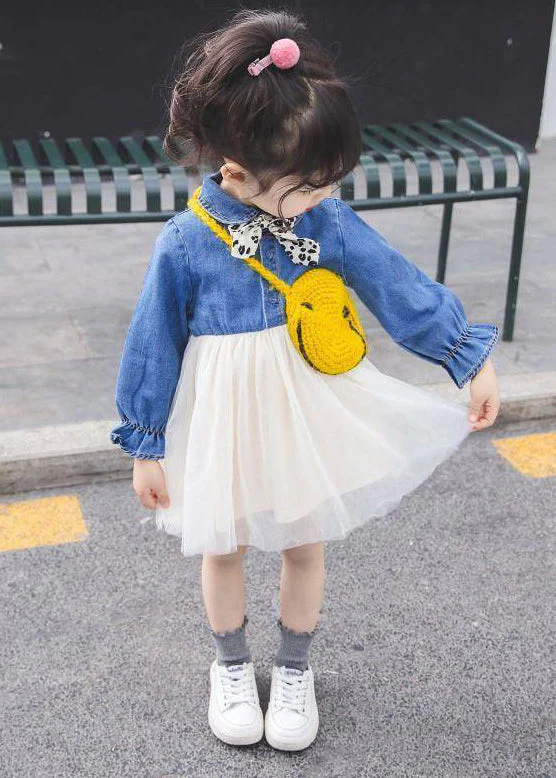 New Blue Button Tulle Patchwork Girls Dress Flare Sleeve - Image 3