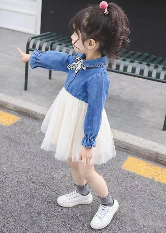 New Blue Button Tulle Patchwork Girls Dress Flare Sleeve - Image 4