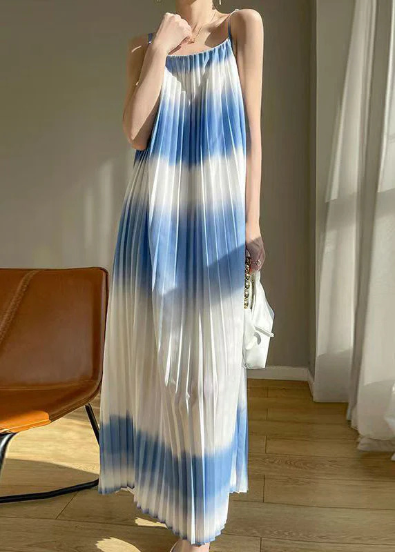 New Blue Cold Shoulder Wrinkled Cotton Long Dress Summer - Image 3