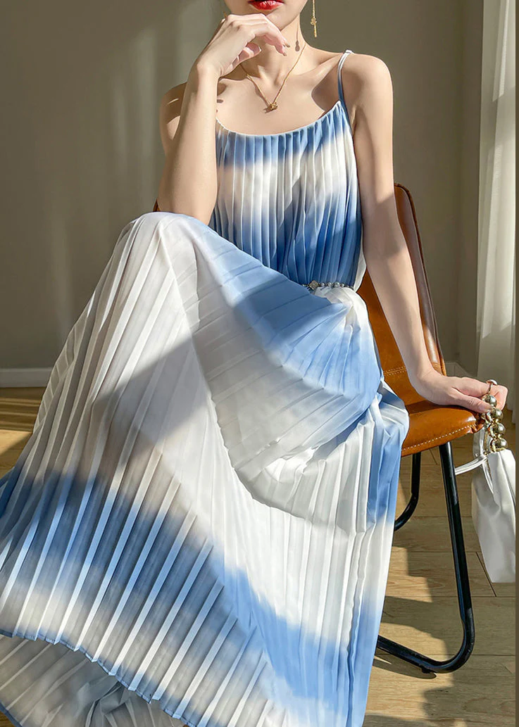 New Blue Cold Shoulder Wrinkled Cotton Long Dress Summer - Image 4