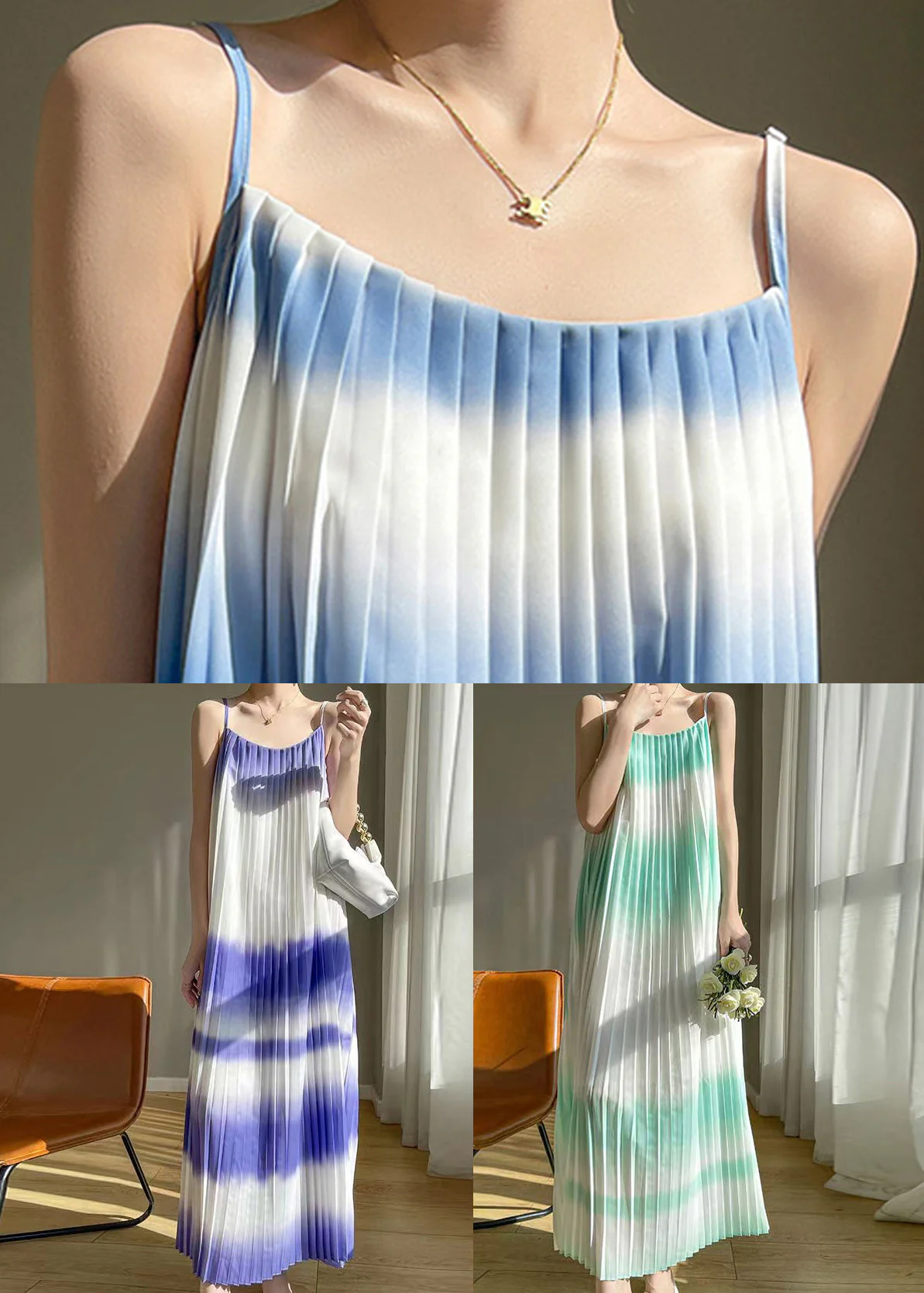 New Blue Cold Shoulder Wrinkled Cotton Long Dress Summer - Image 5
