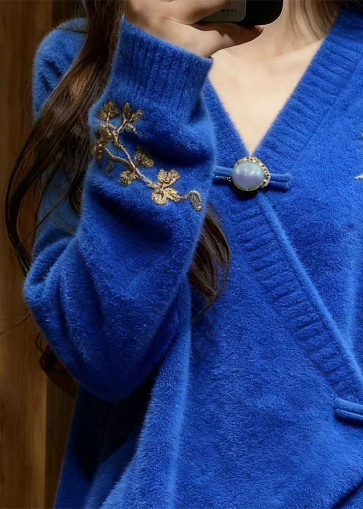 New Blue Cotton Knit Sweaters V Neck Embroidered Fall - Image 2
