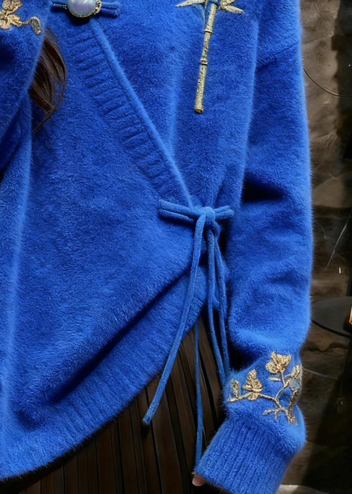 New Blue Cotton Knit Sweaters V Neck Embroidered Fall - Image 5