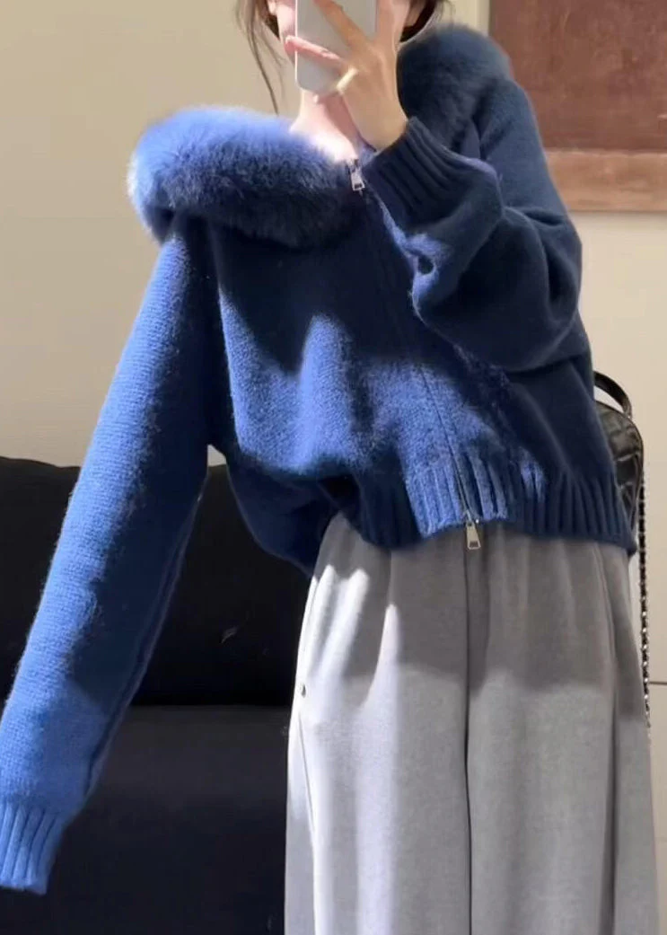 New Blue Hooded Fur Collar Zippered Knit Coats Winter - Image 3