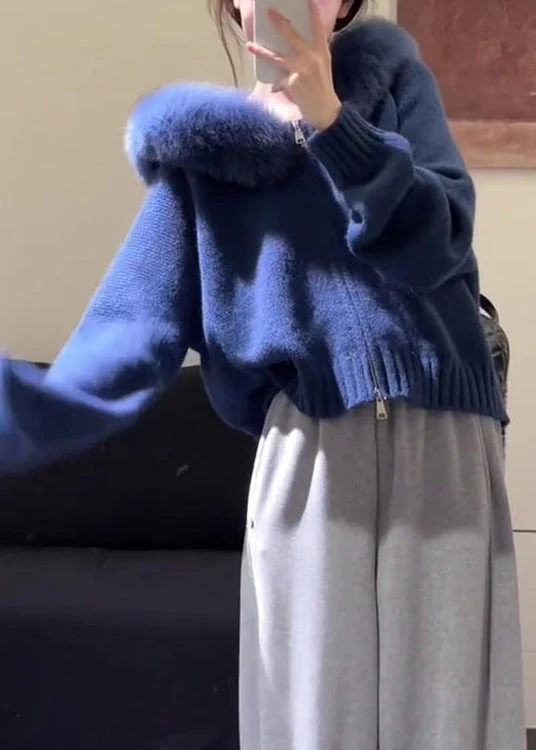 New Blue Hooded Fur Collar Zippered Knit Coats Winter - Image 4