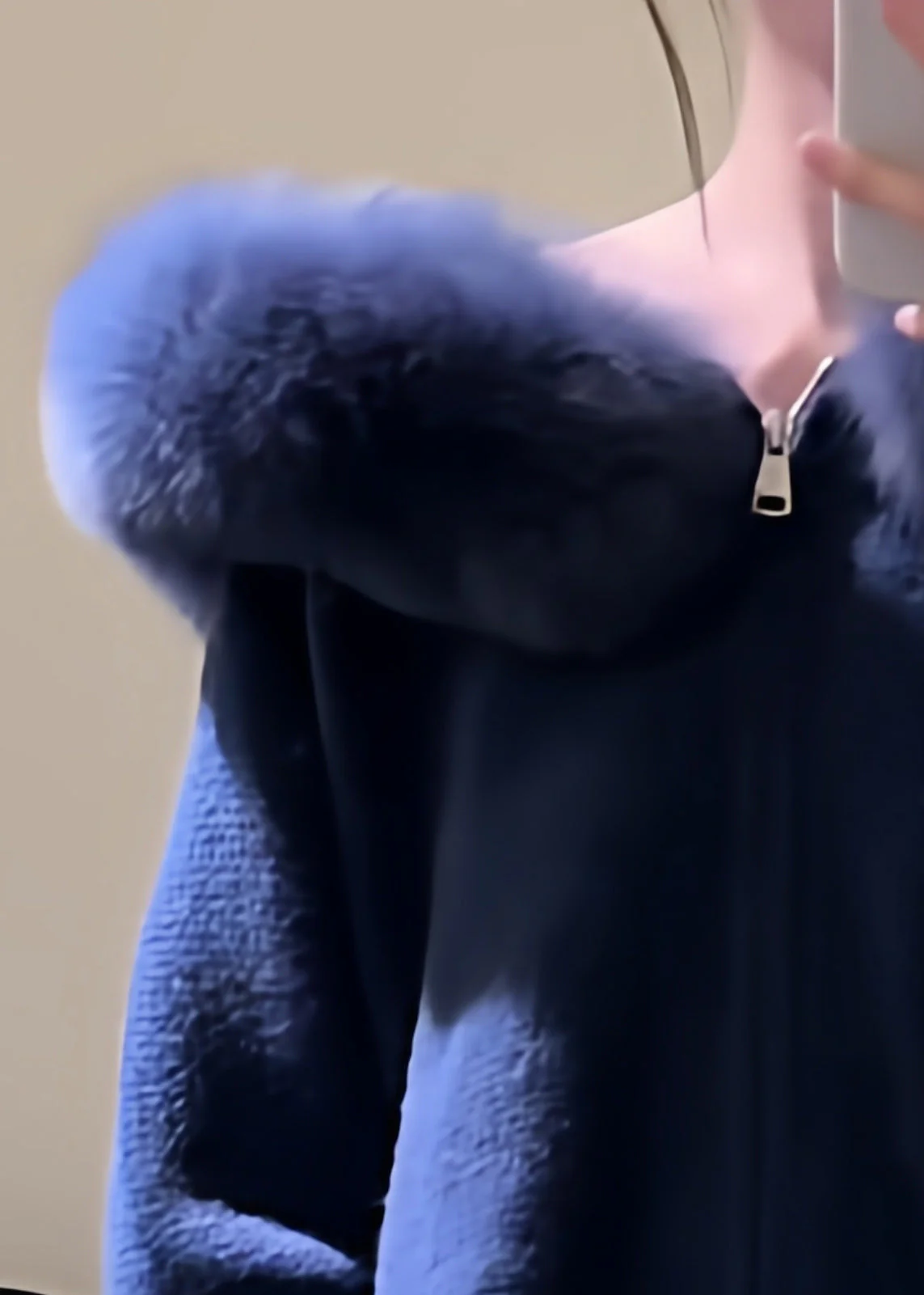 New Blue Hooded Fur Collar Zippered Knit Coats Winter - Image 5