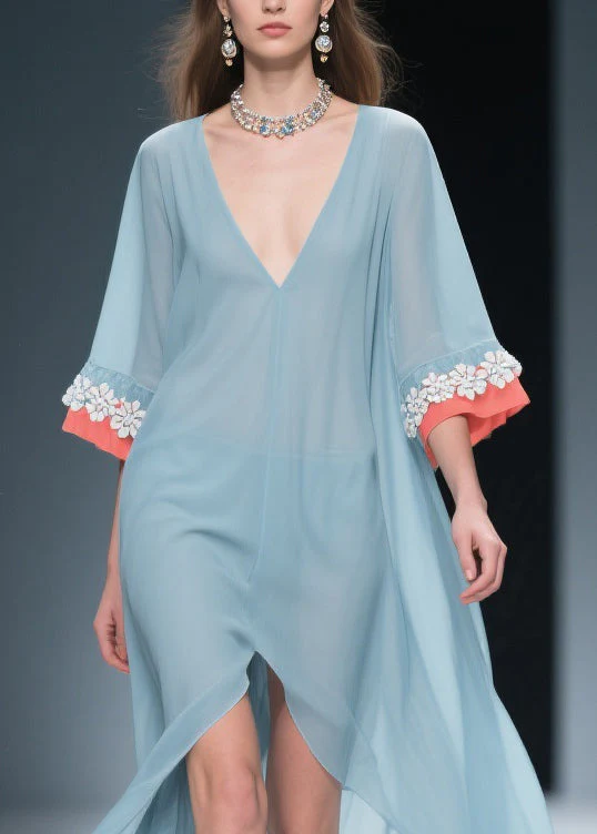 New Blue Low High Design Floral Patchwork Chiffon Dresses Bracelet Sleeve - Image 2