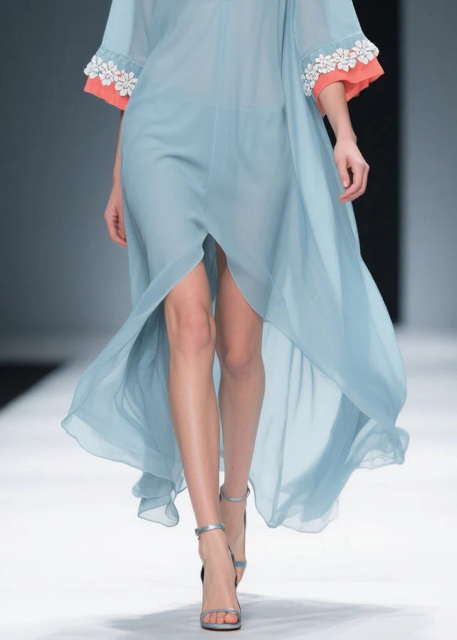 New Blue Low High Design Floral Patchwork Chiffon Dresses Bracelet Sleeve - Image 4