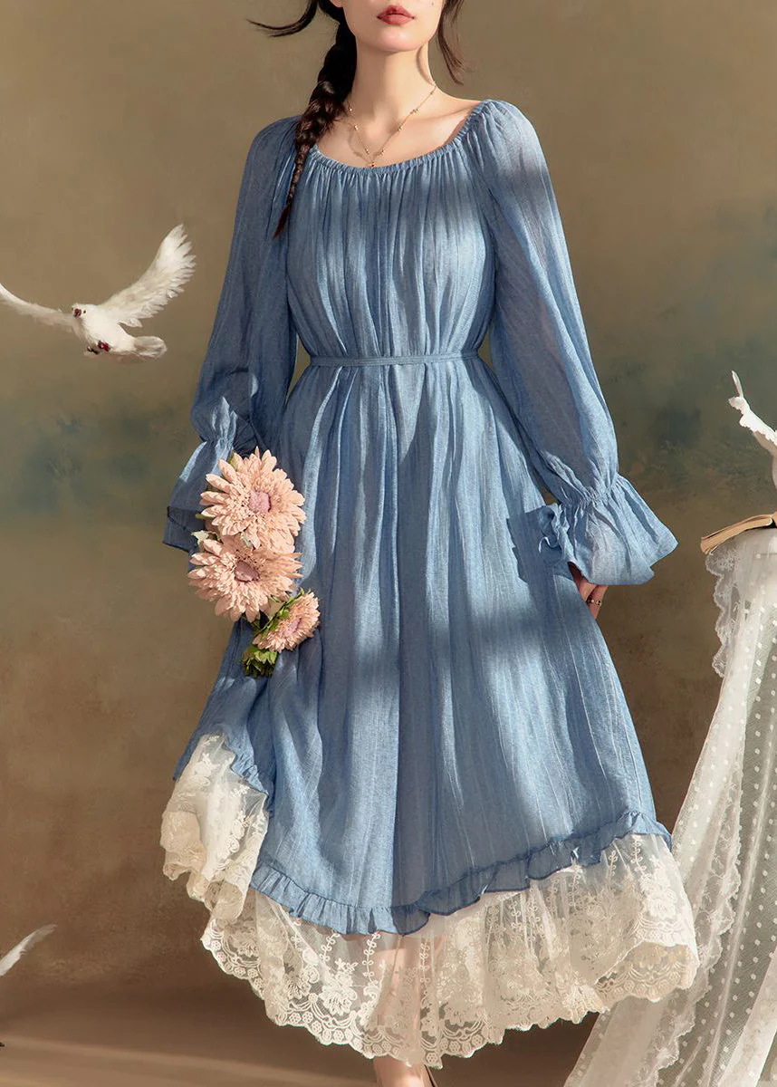 New Blue O-Neck Lace Patchwork Cotton Long Dress Flare Sleeve - Image 2