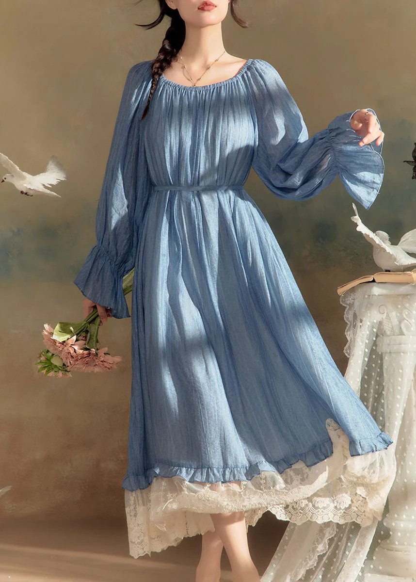 New Blue O-Neck Lace Patchwork Cotton Long Dress Flare Sleeve - Image 3