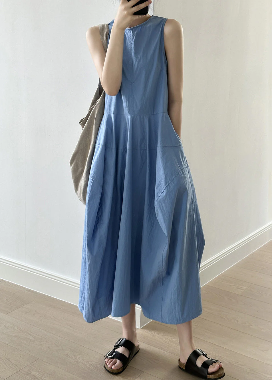 New Blue O-Neck Pockets Cotton Long Dresses Sleeveless - Image 2