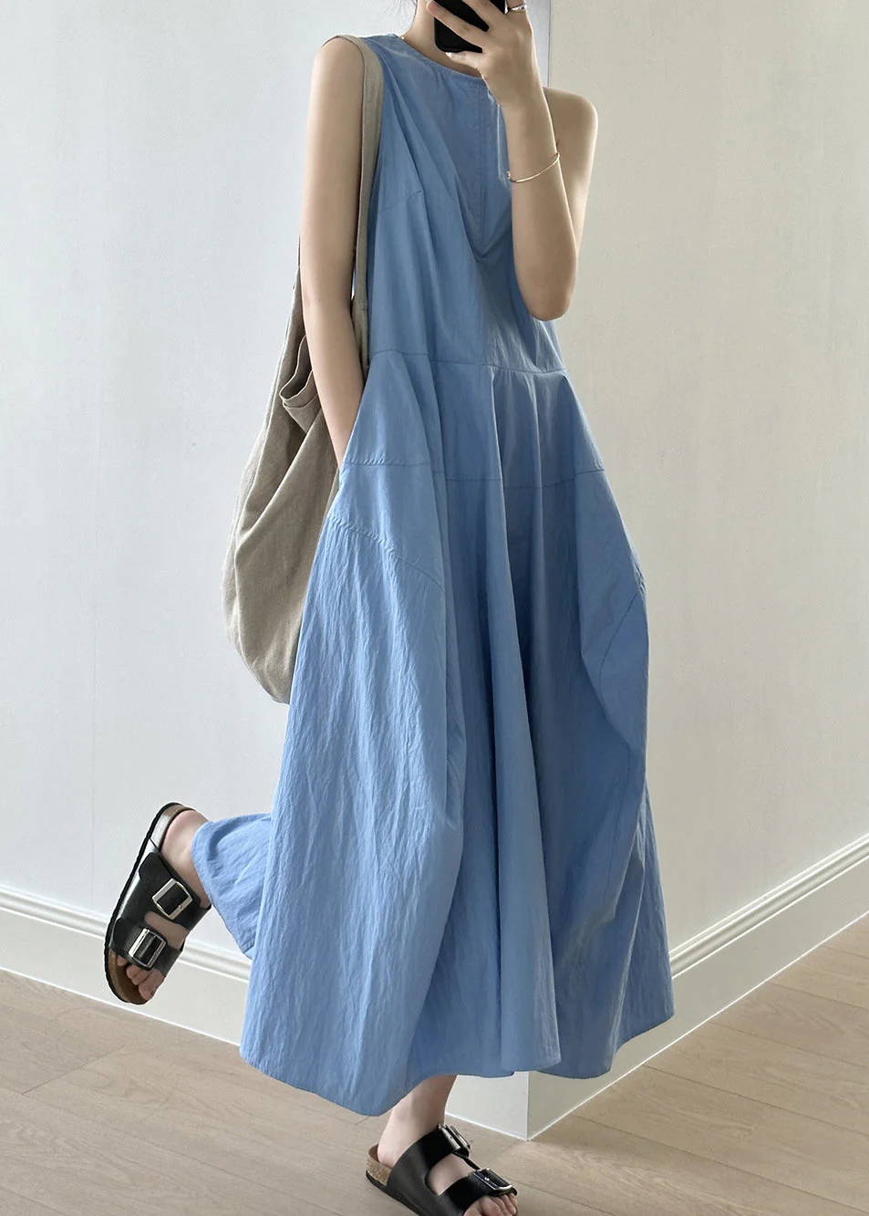 New Blue O-Neck Pockets Cotton Long Dresses Sleeveless - Image 4