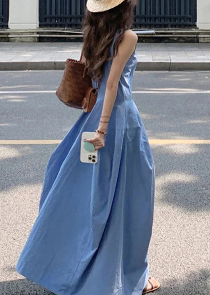 New Blue O Neck Pockets Solid Cotton Long Dress Sleeveless - Image 5
