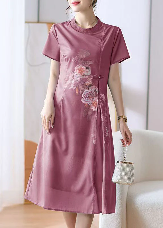 New Blue O-Neck Print Button Cotton Dress Summer - Image 2