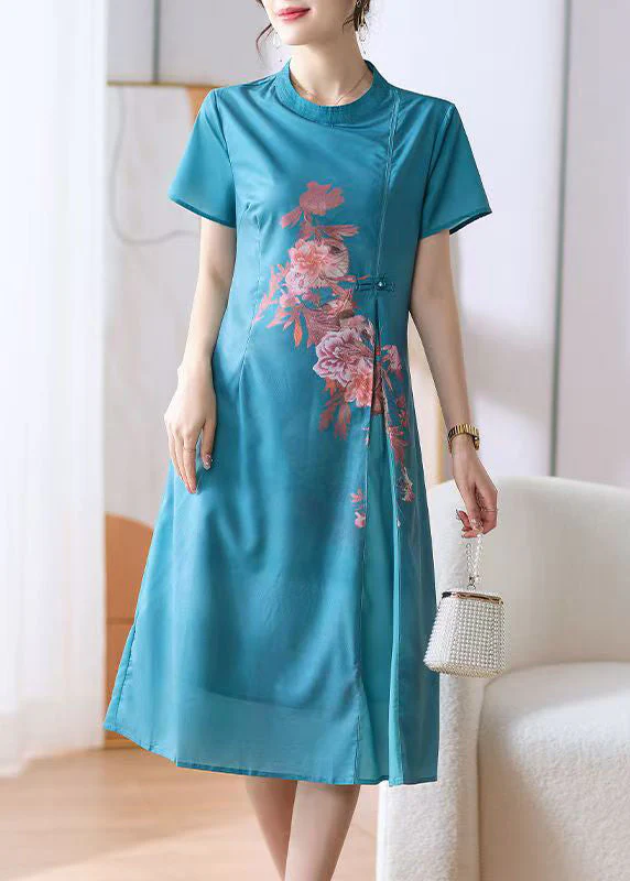 New Blue O-Neck Print Button Cotton Dress Summer - Image 3