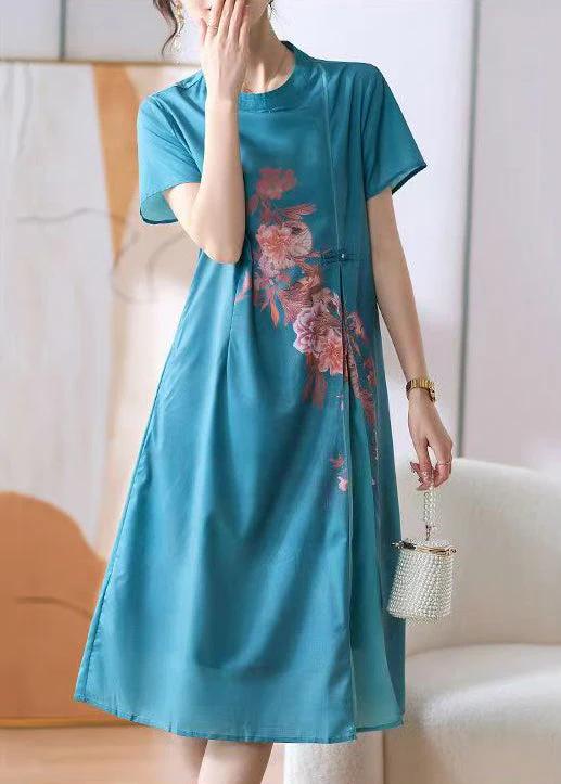 New Blue O-Neck Print Button Cotton Dress Summer - Image 4
