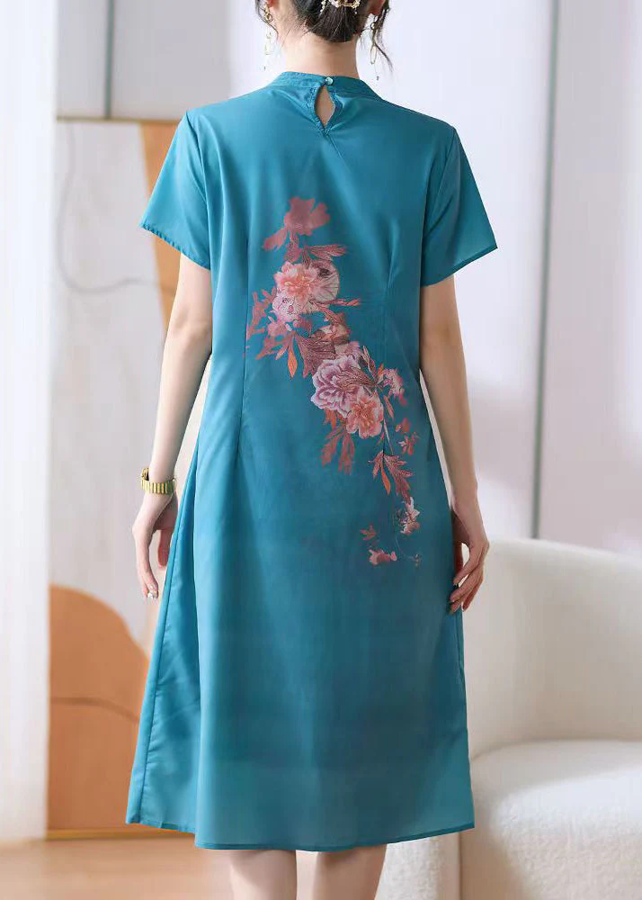 New Blue O-Neck Print Button Cotton Dress Summer - Image 5