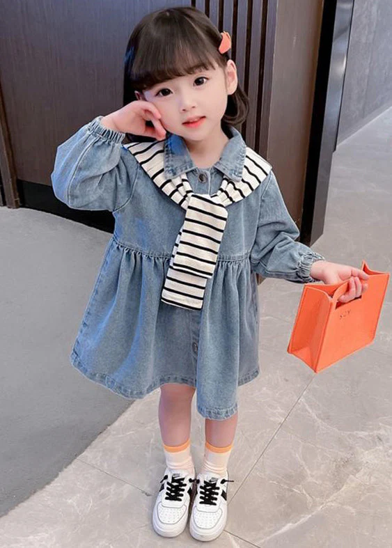 New Blue Peter Pan Collar Button Denim Girls Dresses Fall - Image 2