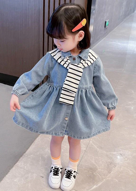 New Blue Peter Pan Collar Button Denim Girls Dresses Fall - Image 3