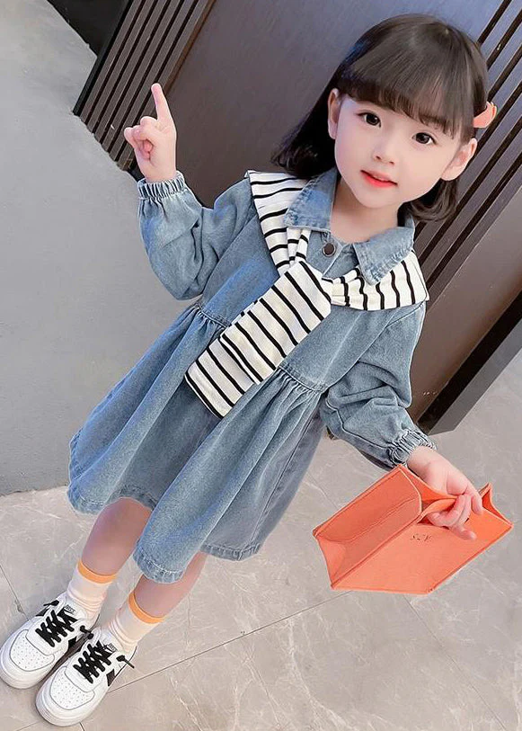 New Blue Peter Pan Collar Button Denim Girls Dresses Fall - Image 4
