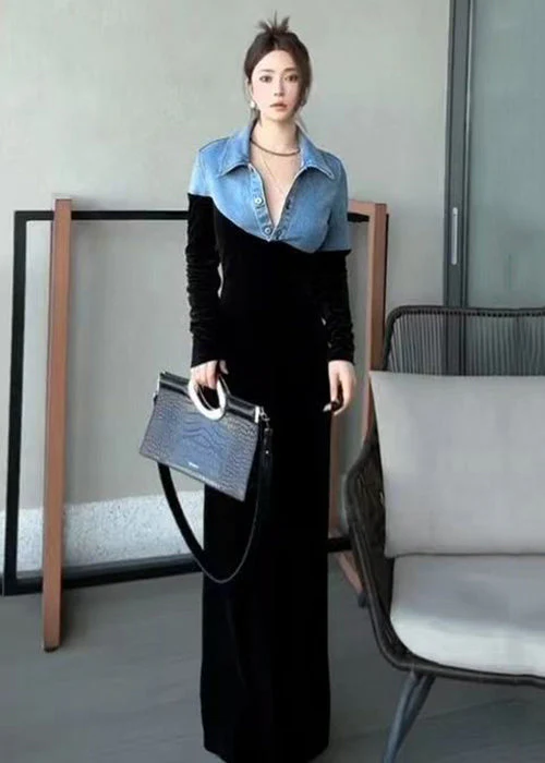 New Blue Peter Pan Collar Denim Patchwork Silk Velour Long Dress Fall - Image 2
