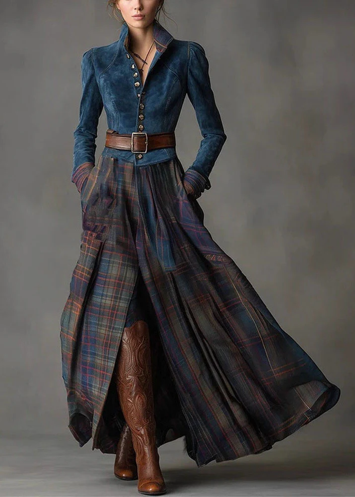 New Blue Peter Pan Collar Faux Suede Patchwork Plaid Cotton Dress Fall - Image 3
