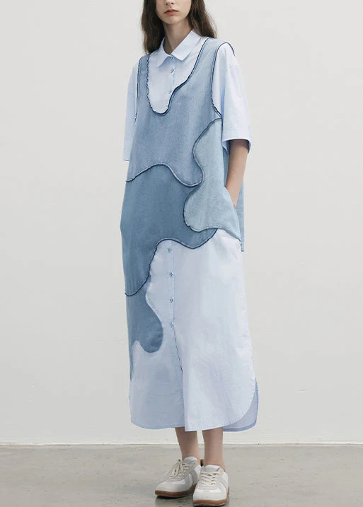 New Blue Peter Pan Collar Patchwork Cotton Shirts Dresses Summer - Image 3