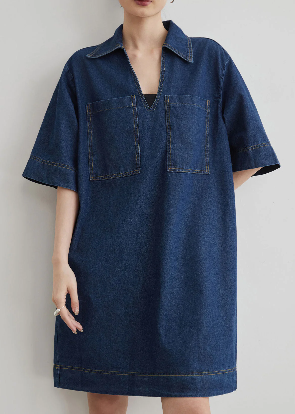New Blue Peter Pan Collar Pockets Denim Mid Dress Summer - Image 2