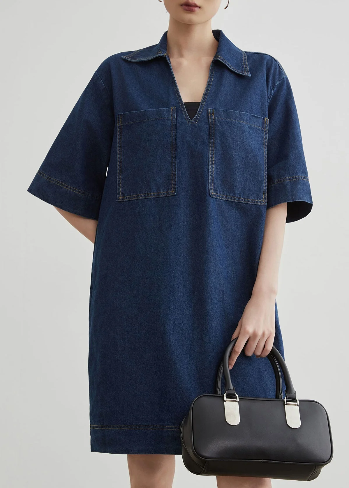 New Blue Peter Pan Collar Pockets Denim Mid Dress Summer - Image 3