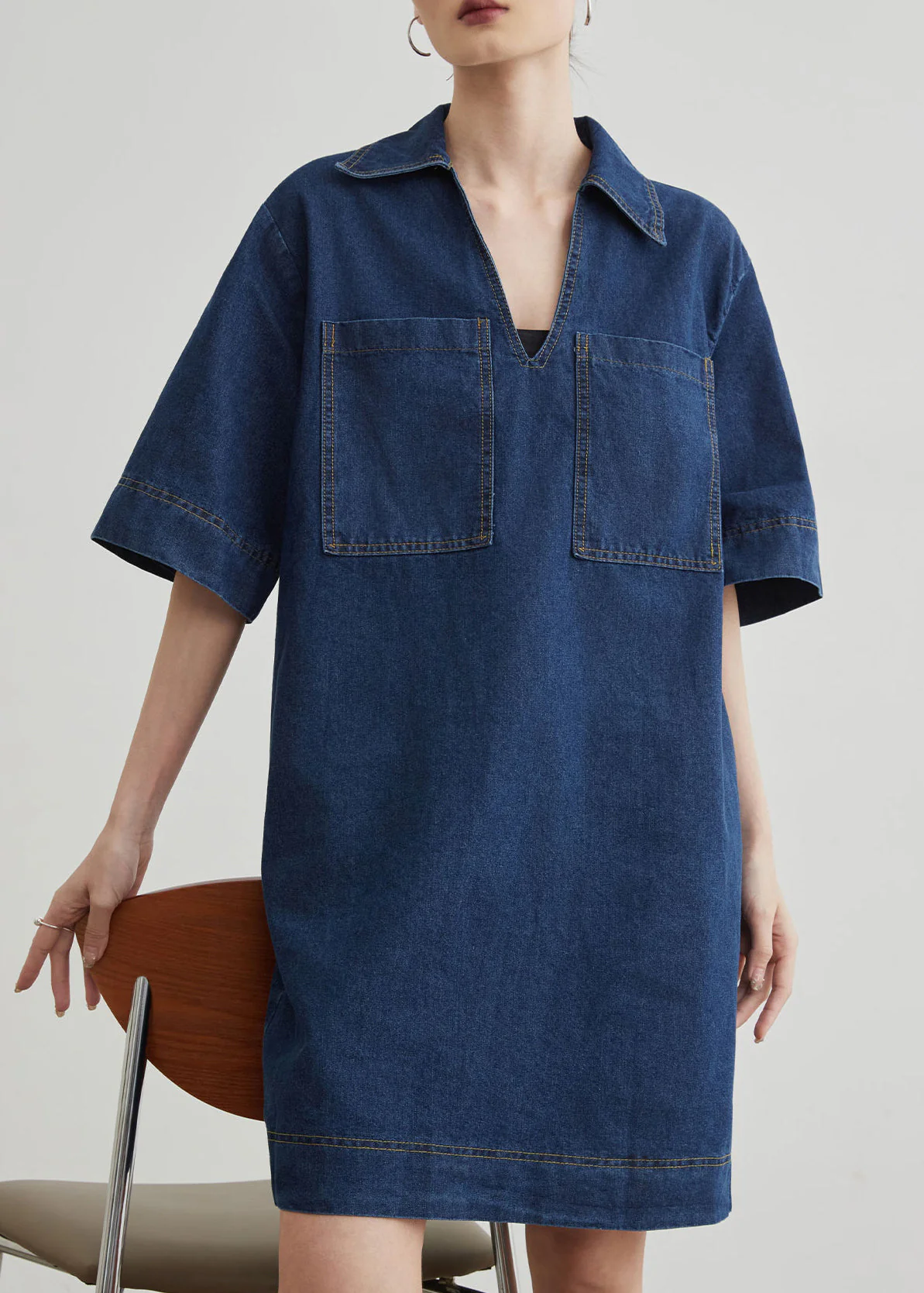 New Blue Peter Pan Collar Pockets Denim Mid Dress Summer - Image 4