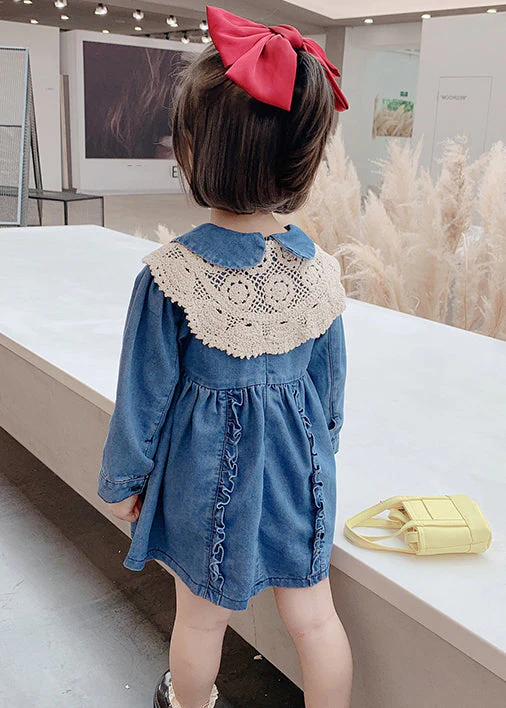 New Blue Peter Pan Collar Ruffled Denim Girls Mid Dresses Long Sleeve - Image 5